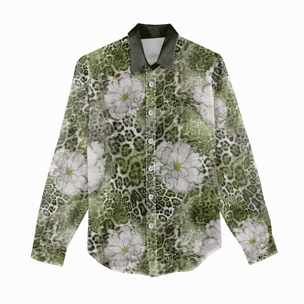 African Leopard Floral Pattern Women Casual Shirt Safari Moss