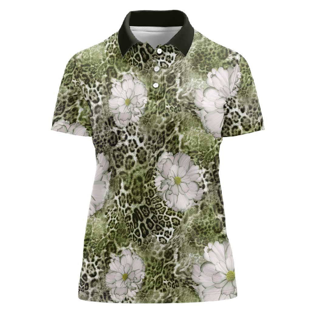 African Leopard Floral Pattern Women Polo Shirt Safari Moss