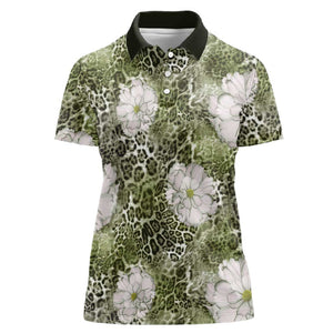 African Leopard Floral Pattern Women Polo Shirt Safari Moss