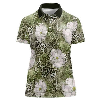 African Leopard Floral Pattern Women Polo Shirt Safari Moss