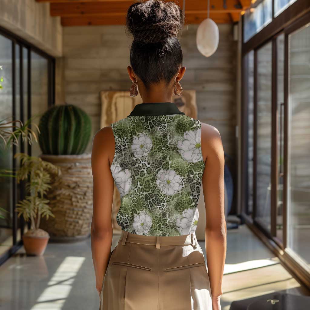 African Leopard Floral Pattern Women Sleeveless Polo Shirt Safari Moss