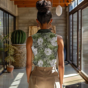 African Leopard Floral Pattern Women Sleeveless Polo Shirt Safari Moss