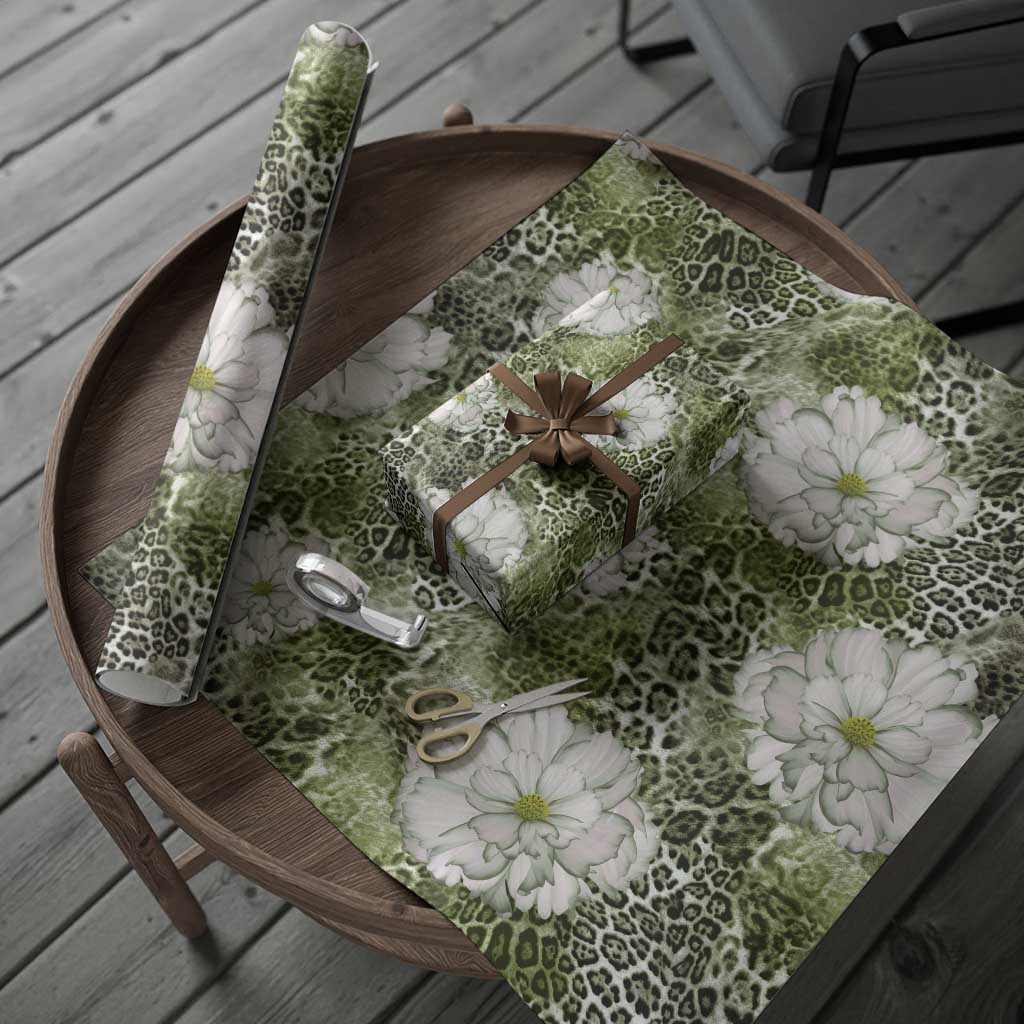 African Leopard Floral Pattern Wrapping Paper Safari Moss