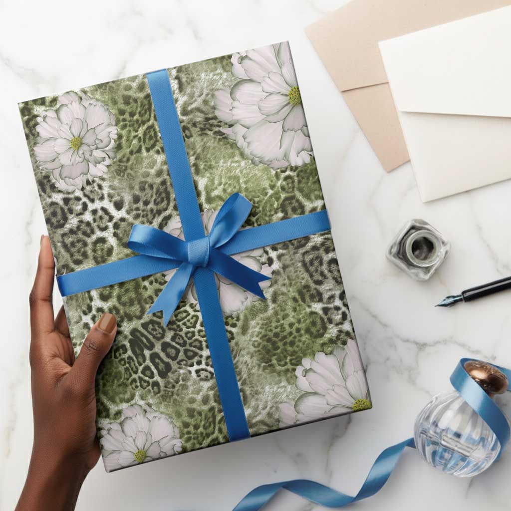 African Leopard Floral Pattern Wrapping Paper Safari Moss