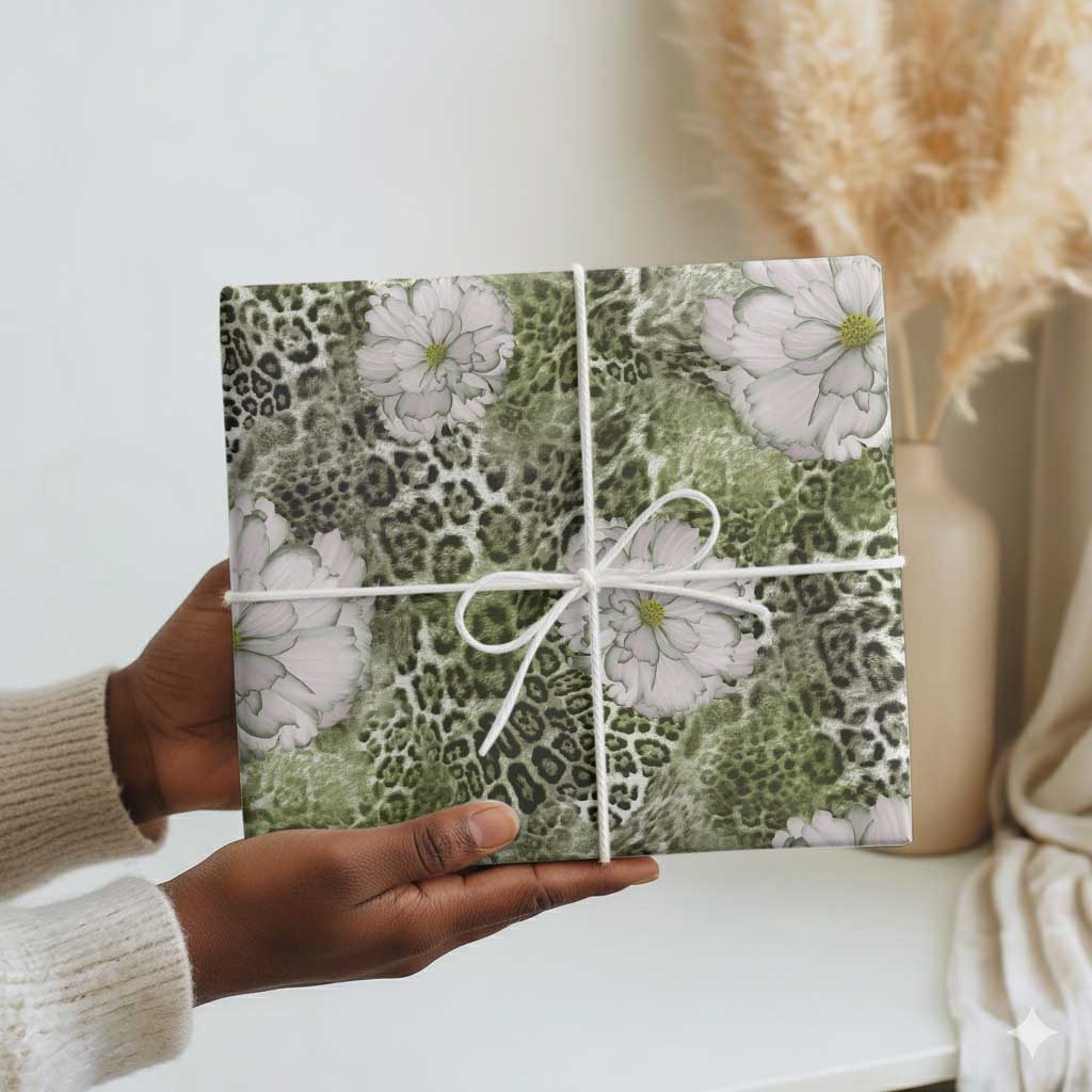 African Leopard Floral Pattern Wrapping Paper Safari Moss
