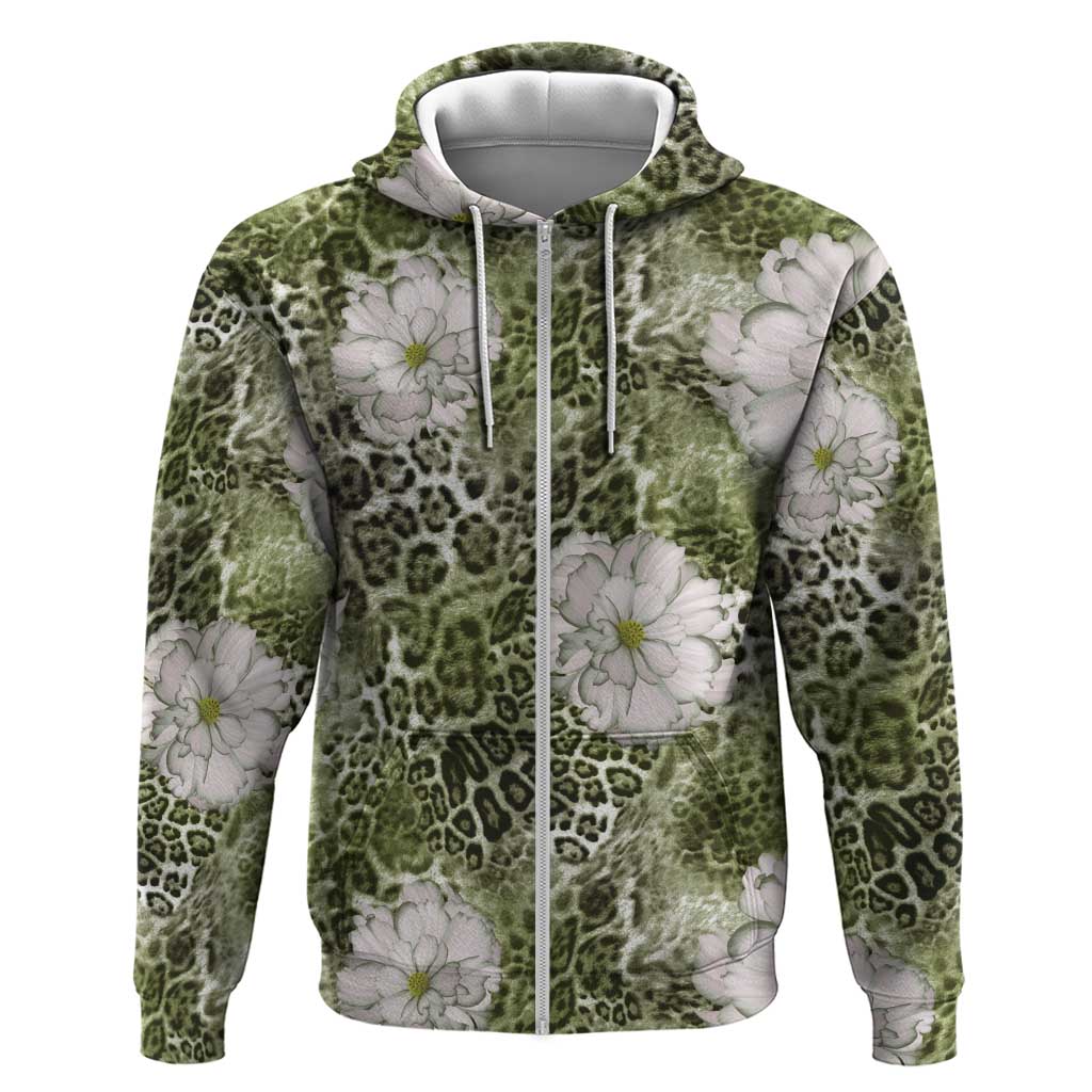 African Leopard Floral Pattern Zip Hoodie Safari Moss
