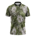 African Leopard Floral Pattern Zipper Polo Shirt Safari Moss