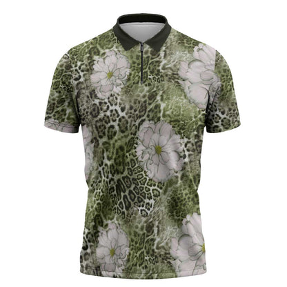 African Leopard Floral Pattern Zipper Polo Shirt Safari Moss