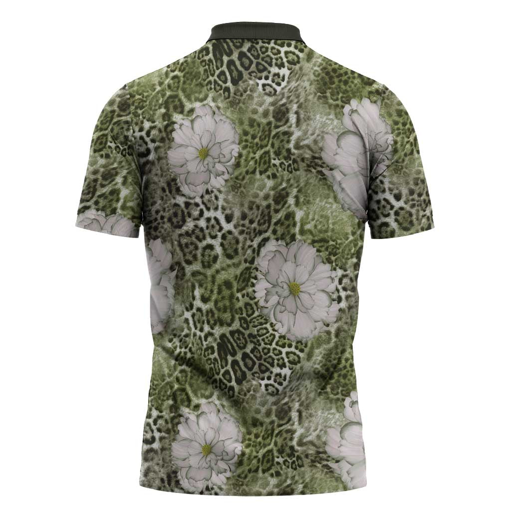 African Leopard Floral Pattern Zipper Polo Shirt Safari Moss