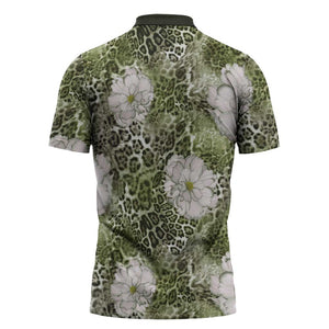 African Leopard Floral Pattern Zipper Polo Shirt Safari Moss