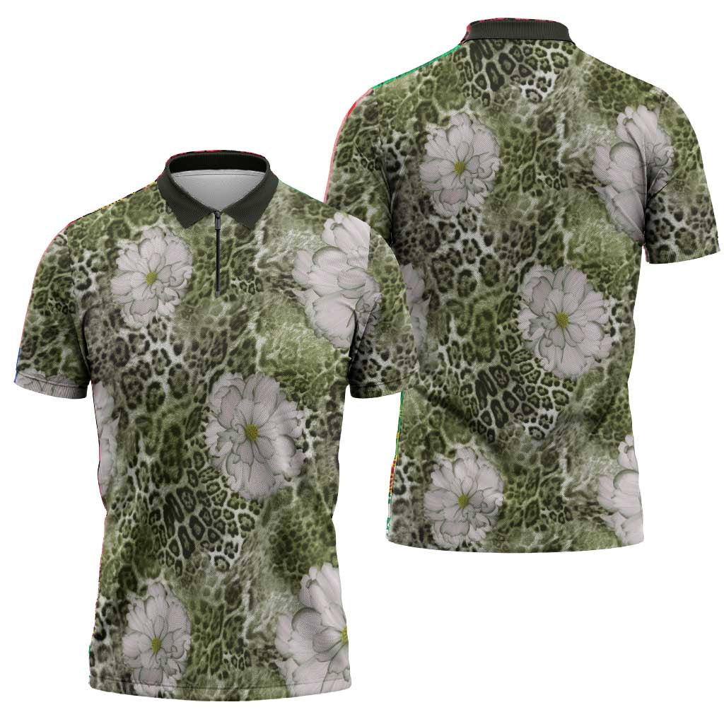 African Leopard Floral Pattern Zipper Polo Shirt Safari Moss