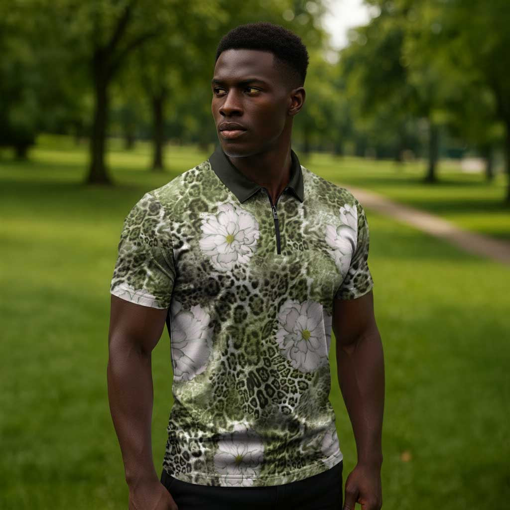 African Leopard Floral Pattern Zipper Polo Shirt Safari Moss