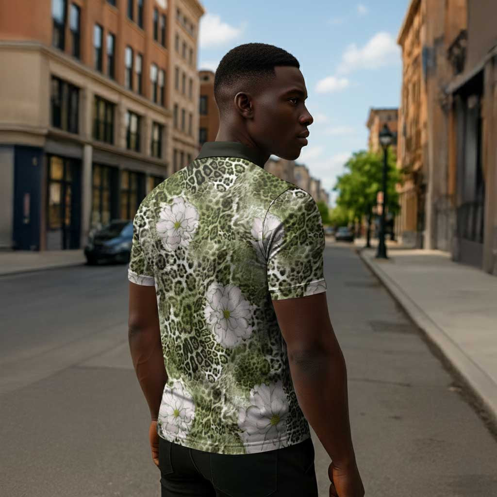 African Leopard Floral Pattern Zipper Polo Shirt Safari Moss