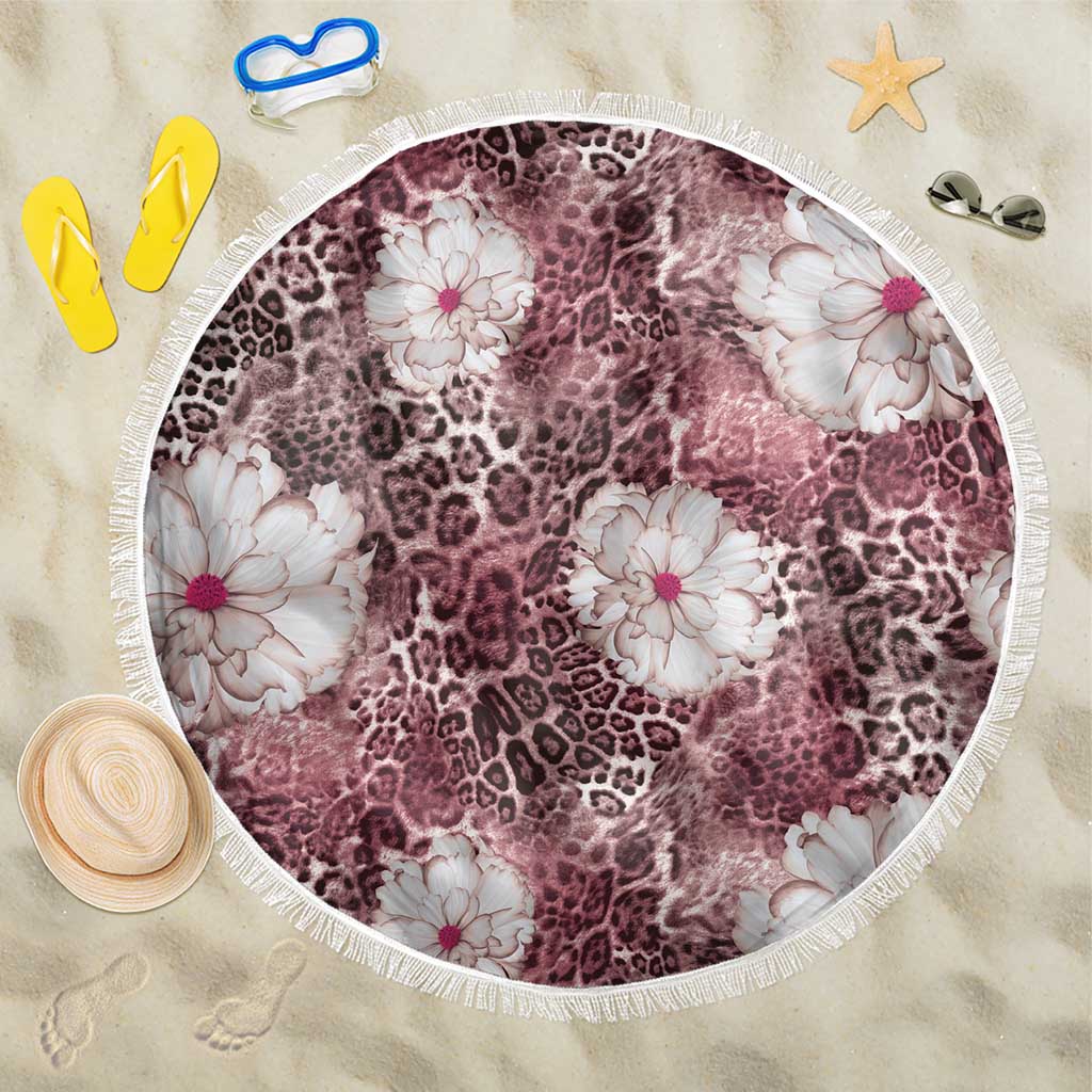 African Leopard Floral Pattern Beach Blanket Sunset Mauve