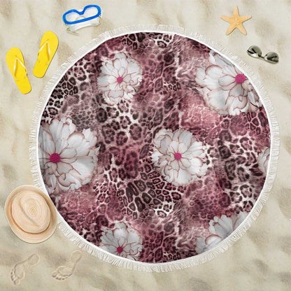 African Leopard Floral Pattern Beach Blanket Sunset Mauve