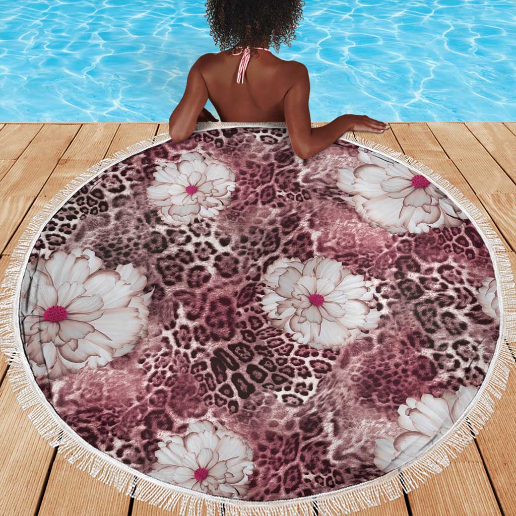 African Leopard Floral Pattern Beach Blanket Sunset Mauve