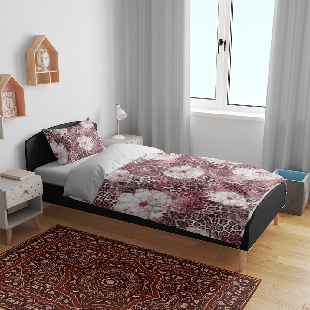 African Leopard Floral Pattern Bedding Set Sunset Mauve