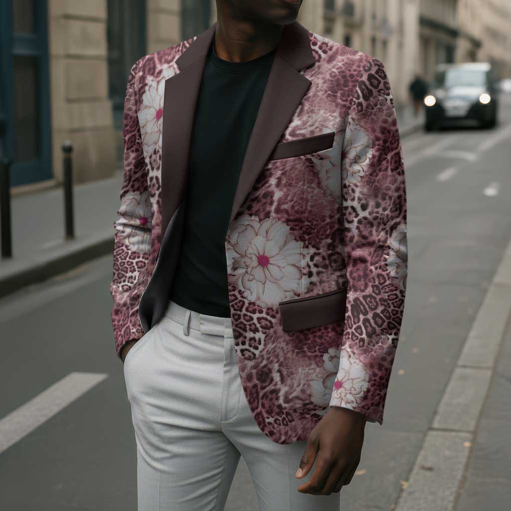 African Leopard Floral Pattern Blazer Sunset Mauve