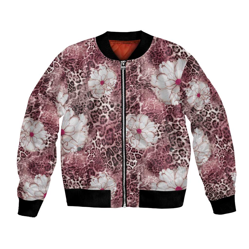 African Leopard Floral Pattern Bomber Jacket Sunset Mauve