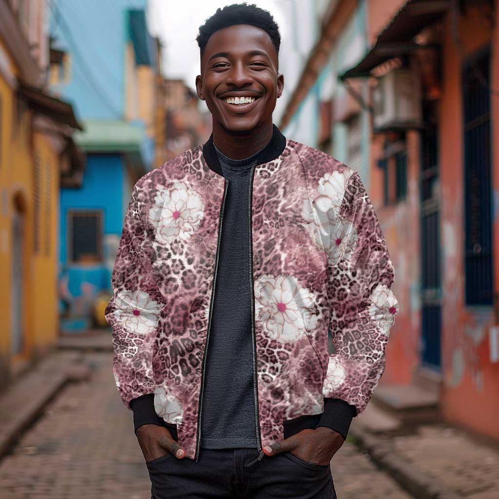 African Leopard Floral Pattern Bomber Jacket Sunset Mauve