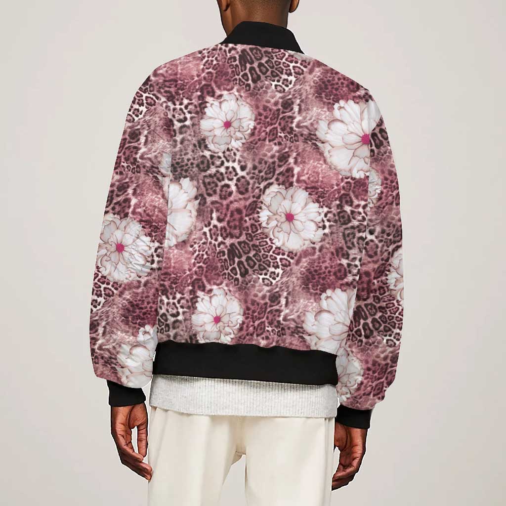 African Leopard Floral Pattern Bomber Jacket Sunset Mauve