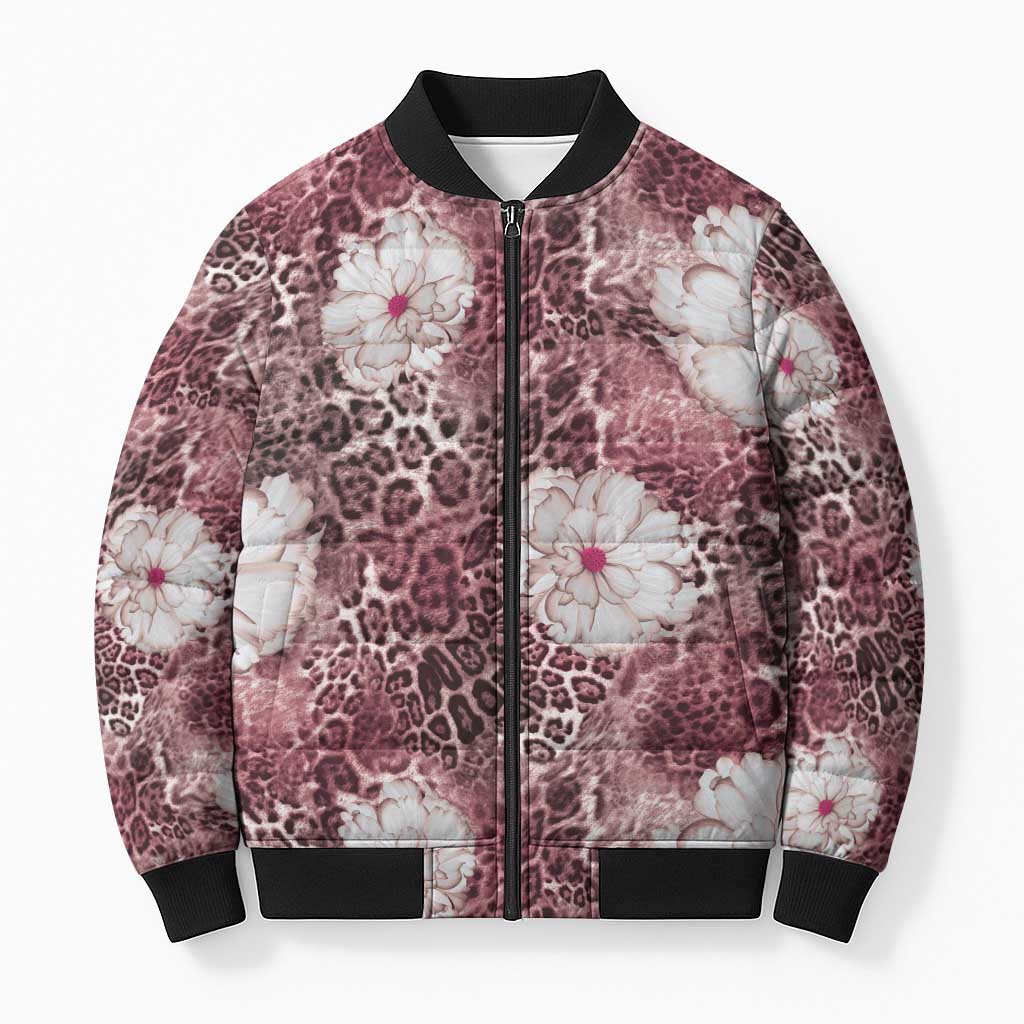 African Leopard Floral Pattern Bomber Puffer Jacket Sunset Mauve