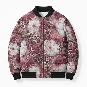 African Leopard Floral Pattern Bomber Puffer Jacket Sunset Mauve