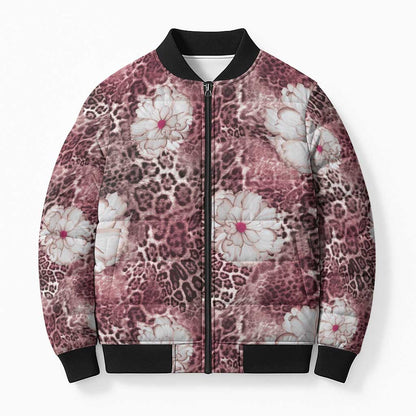 African Leopard Floral Pattern Bomber Puffer Jacket Sunset Mauve