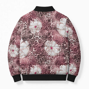 African Leopard Floral Pattern Bomber Puffer Jacket Sunset Mauve