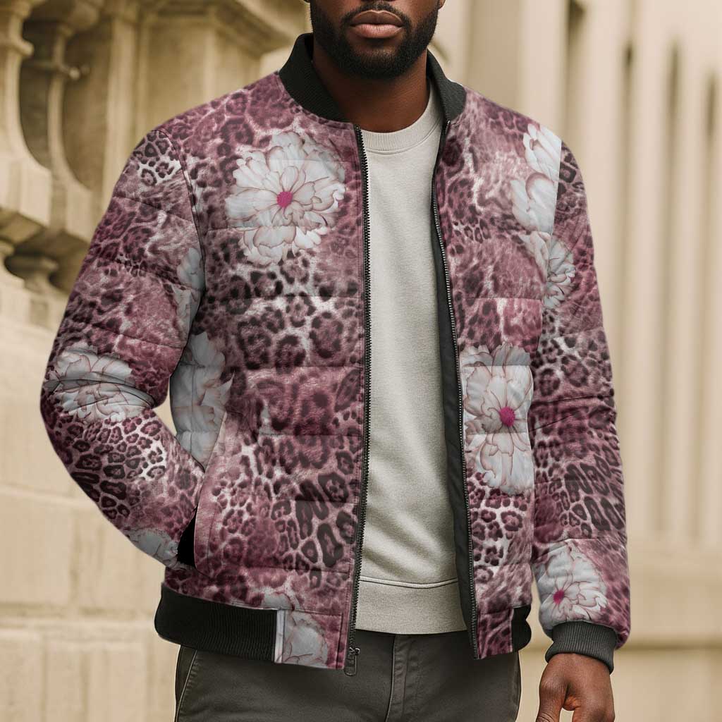 African Leopard Floral Pattern Bomber Puffer Jacket Sunset Mauve