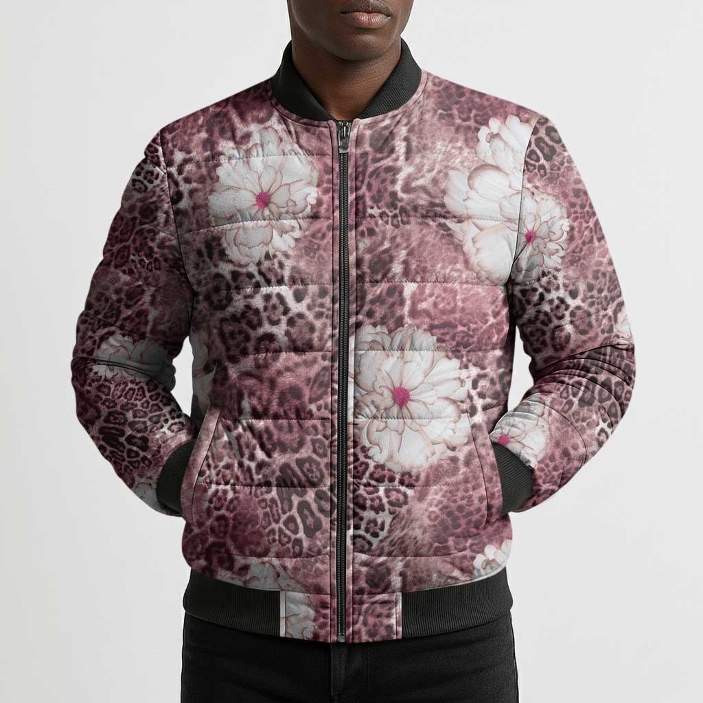 African Leopard Floral Pattern Bomber Puffer Jacket Sunset Mauve