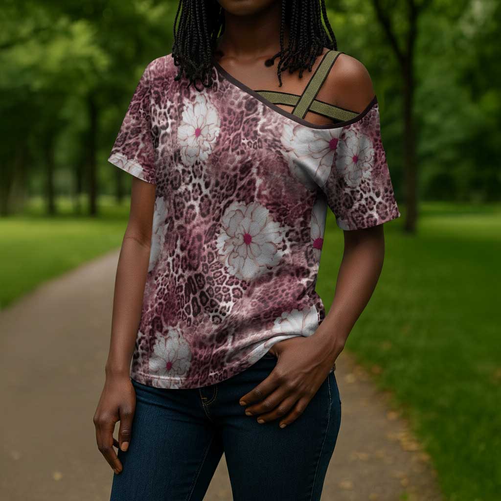 African Leopard Floral Pattern Cross Shoulder Shirt Sunset Mauve