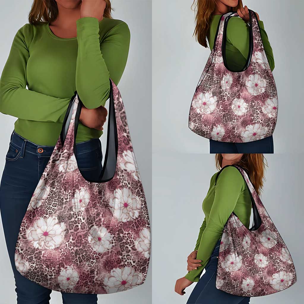 African Leopard Floral Pattern Grocery Bag Sunset Mauve