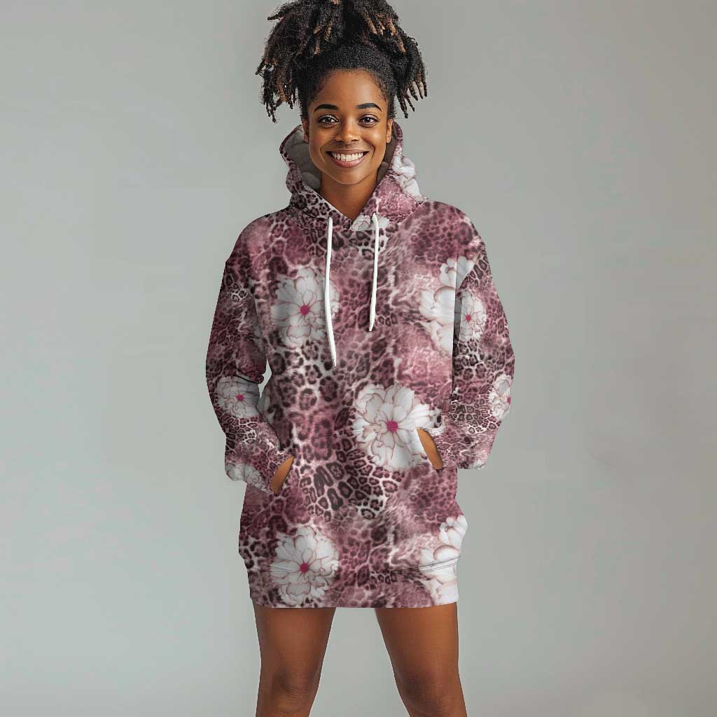 African Leopard Floral Pattern Hoodie Dress Sunset Mauve