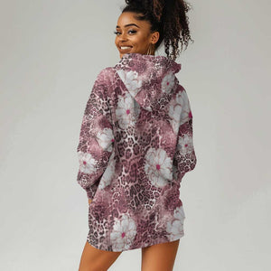 African Leopard Floral Pattern Hoodie Dress Sunset Mauve