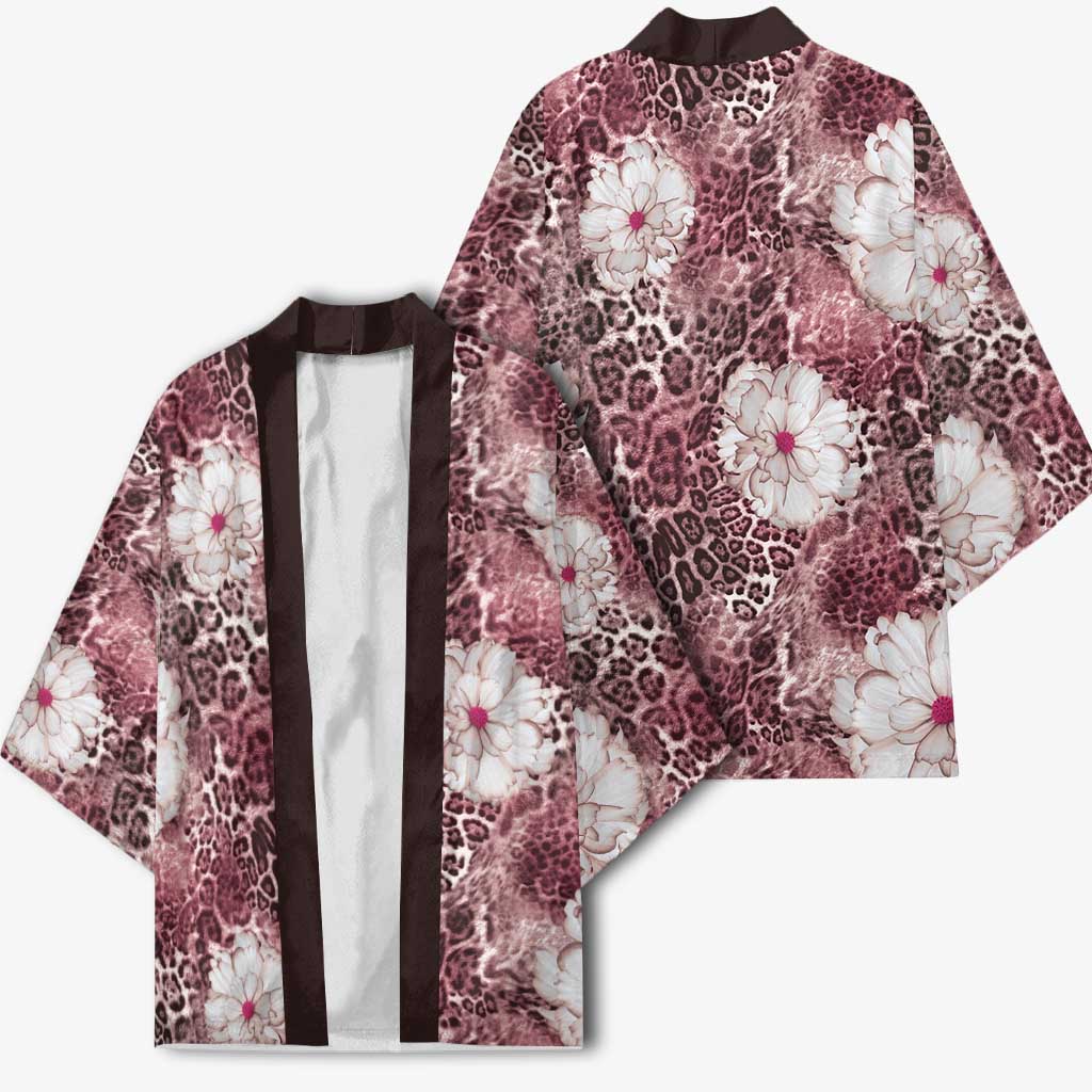 African Leopard Floral Pattern Kimono Sunset Mauve