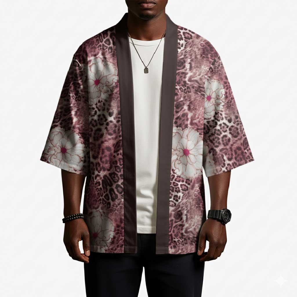 African Leopard Floral Pattern Kimono Sunset Mauve