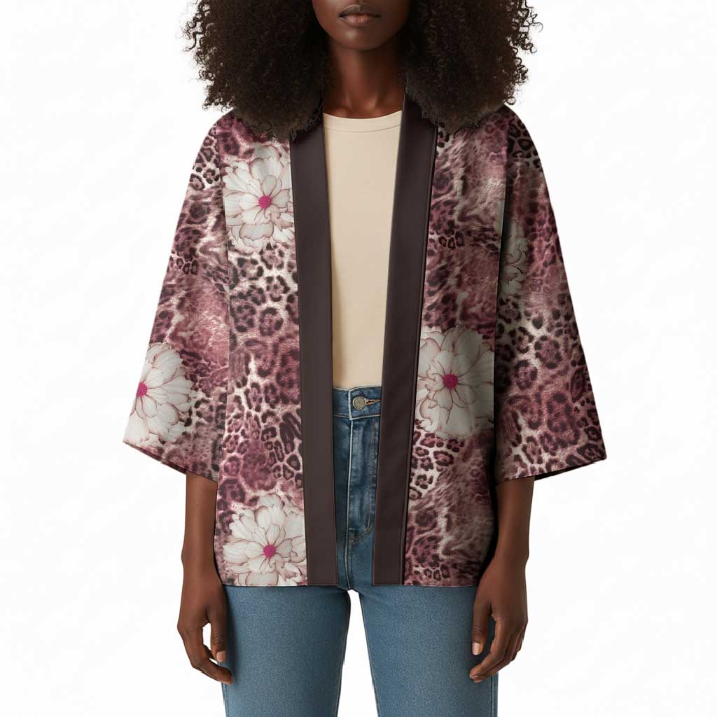 African Leopard Floral Pattern Kimono Sunset Mauve