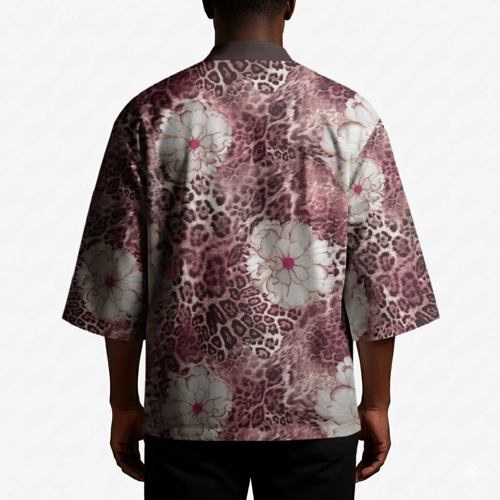 African Leopard Floral Pattern Kimono Sunset Mauve