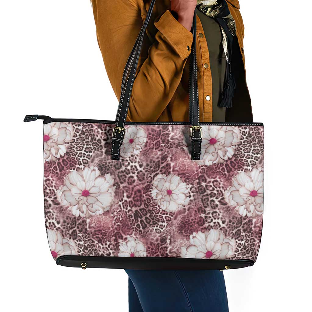 African Leopard Floral Pattern Leather Tote Bag Sunset Mauve