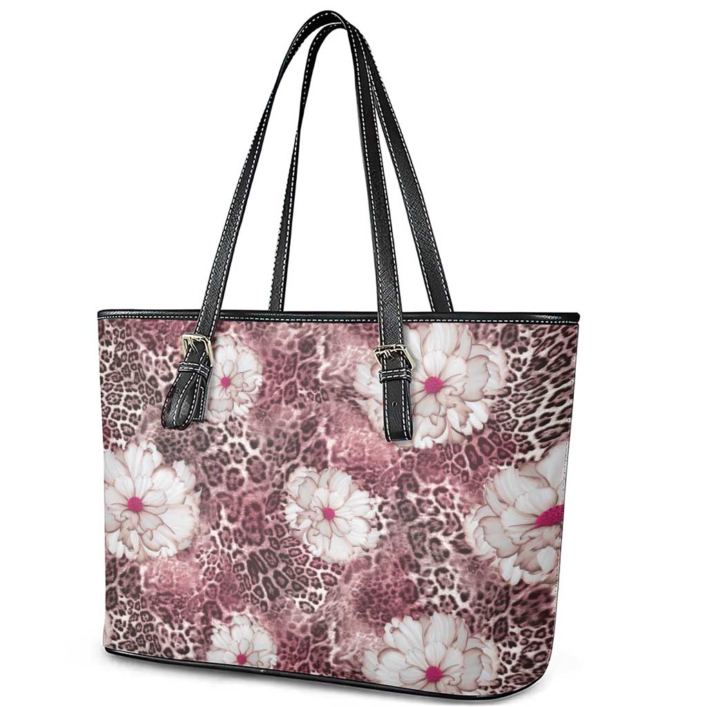 African Leopard Floral Pattern Leather Tote Bag Sunset Mauve