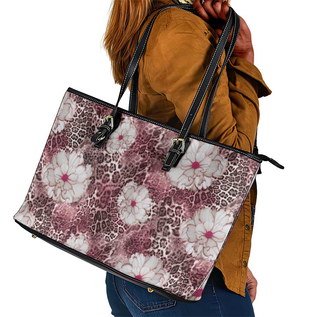 African Leopard Floral Pattern Leather Tote Bag Sunset Mauve