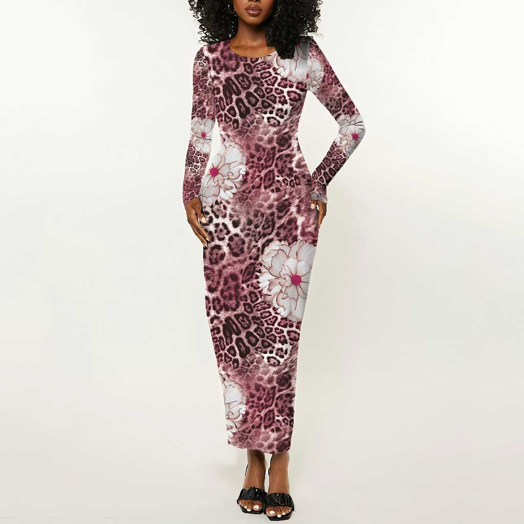 African Leopard Floral Pattern Long Sleeve Bodycon Dress Sunset Mauve