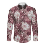 African Leopard Floral Pattern Long Sleeve Button Shirt Sunset Mauve