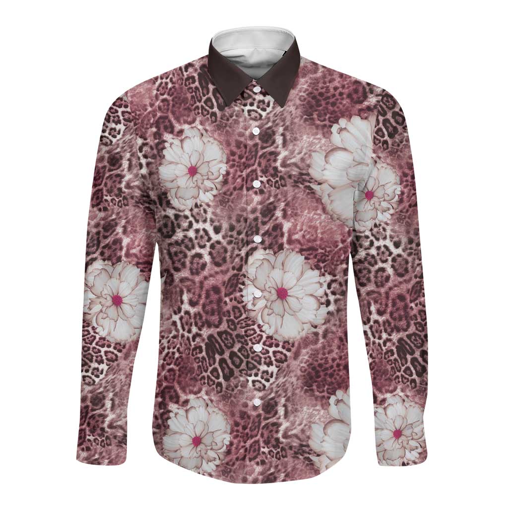 African Leopard Floral Pattern Long Sleeve Button Shirt Sunset Mauve