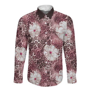 African Leopard Floral Pattern Long Sleeve Button Shirt Sunset Mauve
