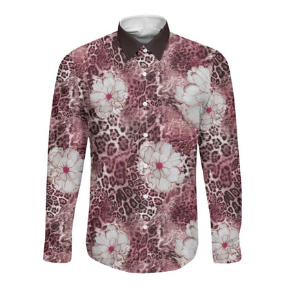 African Leopard Floral Pattern Long Sleeve Button Shirt Sunset Mauve