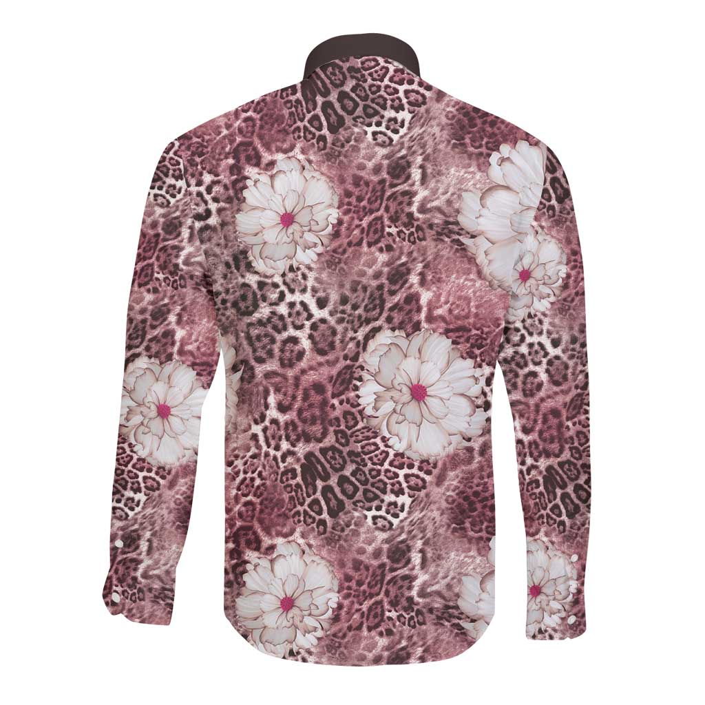 African Leopard Floral Pattern Long Sleeve Button Shirt Sunset Mauve