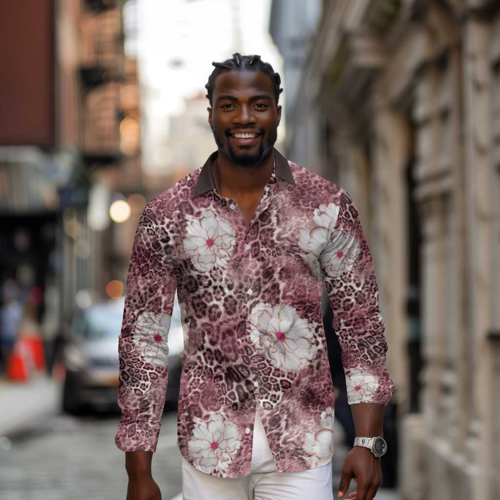 African Leopard Floral Pattern Long Sleeve Button Shirt Sunset Mauve