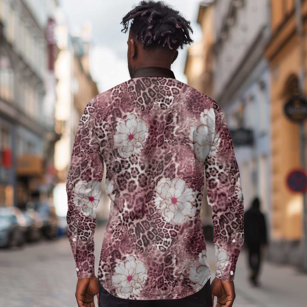 African Leopard Floral Pattern Long Sleeve Button Shirt Sunset Mauve